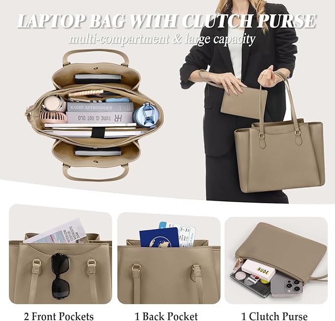 RAINSMORE Laptop Bag for Women 15.6 Inch Work Tote Bags Waterproof Computer Bags Leather Professional Laptop Purse Womens Laptop Briefcase Large Handbag for Office Teacher Travel, Beige