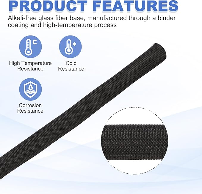 uxcell Insulation Cable Protector,12mm/0.5 Inch-5m/16 Feet High Temp Fiberglass Sleeve Black