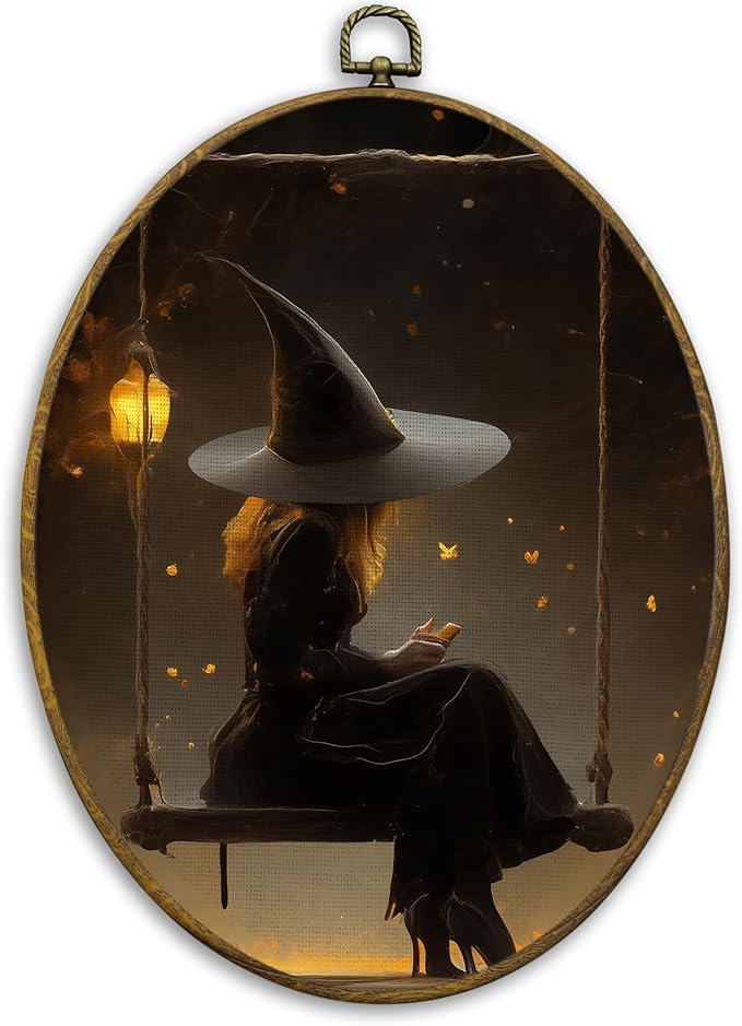 CUANFDDSF Vintage Halloween Witchy Oval Wall Art Decor, Halloween Witch Wall Hanging Decor, Dark Academia Mystical Gothic Witchy Framed Canvas Prints for Home Bedroom Living Room, 8.6x11.4 Inch