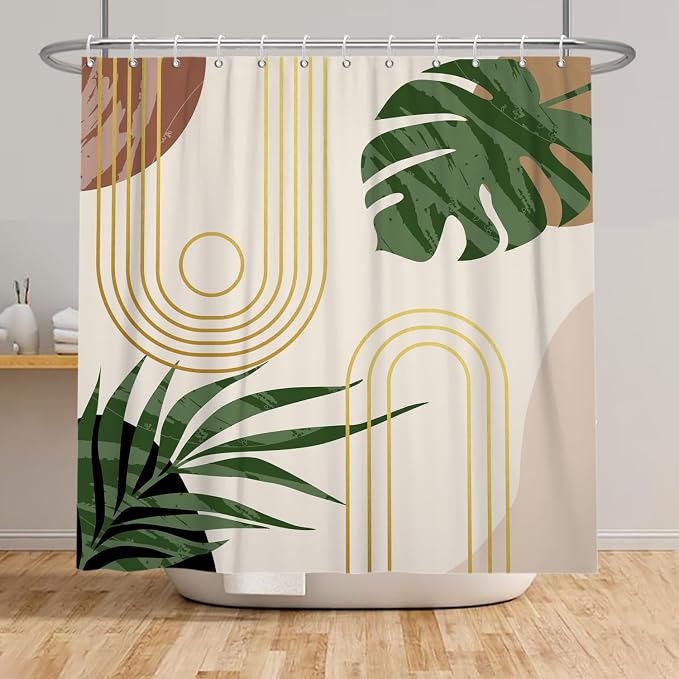 Boho Sage Green Shower Curtain Bohemian Mid Century Geometric Abstract Curve Bathroom Curtain Palm Leaf Polyester Shower Curtain Sets for Bathroom Extra Long 60x72 in with 10 Hooks