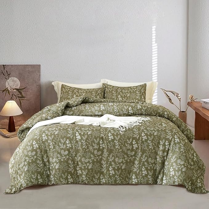 EAVD Fresh Garden Green Floral Duvet Cover King Soft Cotton Chic Shabby Small Cute Floral Botanical Bedding Set with 2 Pillowcases Reversible Green Floral Comforter Cover with Zipper Closure