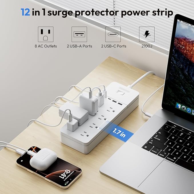 25 ft Extension Cord Flat Plug, NTONPOWER 8 Outlet Surge Protector Power Strip with USB Ports, 1080 Joules, 15A Circuit Breaker, Wall Mount for Home Office Workshop or Garage, ETL Listed, White