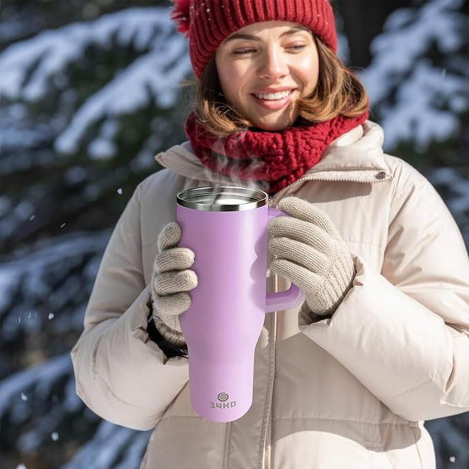 34HD 40 oz Stainless Steel Tumbler - Leakproof Insulated Water Bottle with Handle, Magnetic Lid and Flexible Straw - Iced for 48 Hours – Perfect for Men, Women, Birthday Gift, Purple - Lilac Bloom