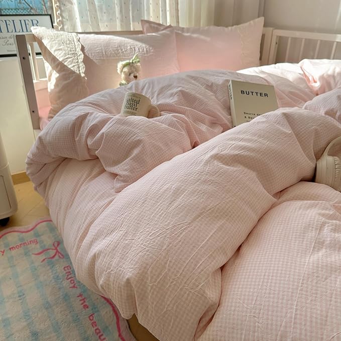 LifeTB Pink Gingham Comforter Set Queen 3 Pieces Princess Lace Bedding Set Vintage Plaid Checkered Comforter with 2 Lace Pillowcases Soft Breathable Pink Grid Comforter Set for Girls Teens Women