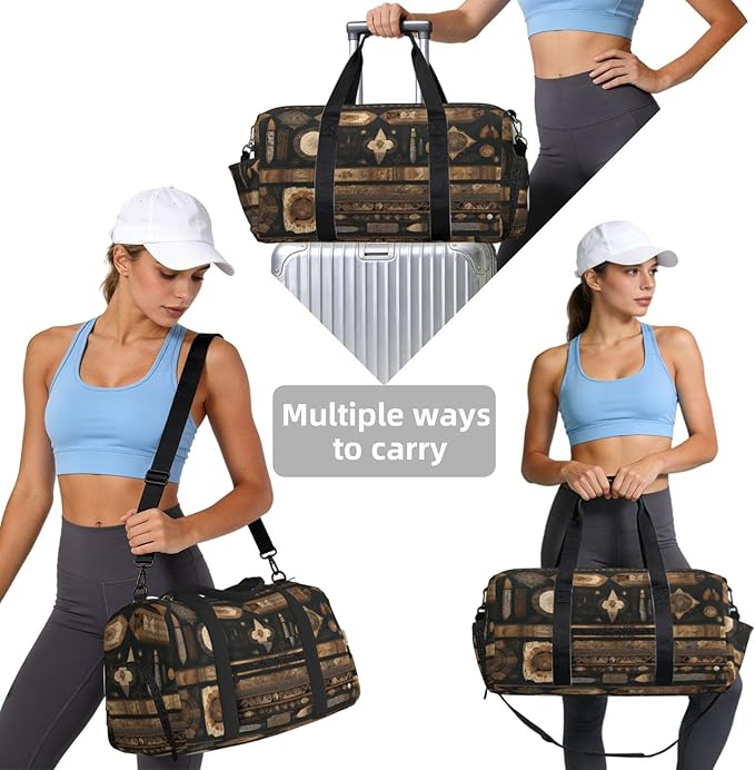 Bohemian style Print Gym Bag with Shoe Compartment for Women Men, 17.7in Sports Duffle Weekender Tote, Overnight Travel Duffel Bag Carry On