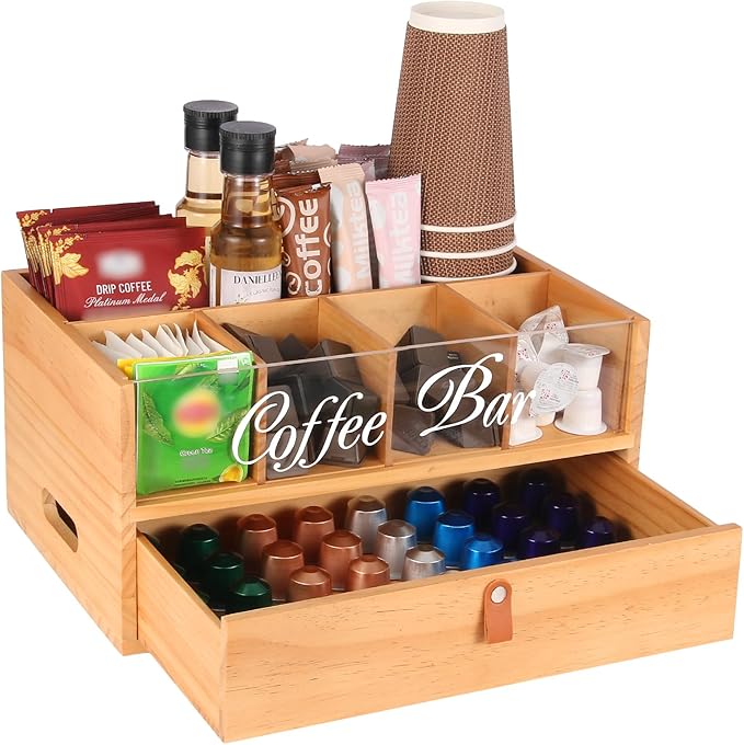 Intarsio 2-Tier Coffee Bar Organizer with Clear Acrylic Top, Built-in Drawer and Leather Handle Pull for Countertop, Stylish Coffee Station Storage Box for Accessories, Pods, Great Gifts for Home