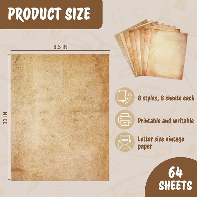 Tlenpo Vintage Stationery Paper 64 Sheets, 8.5 X 11in Antique Stationary Paper for Writing, Letter Size Printer Paper, Decorative Old Look for Invites Resume, 8 Designs