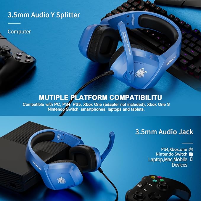PHOINIKAS Gaming Headset for PS4, PS5, PC, Laptop, Stereo Over Ear Gaming Headphones with Noise-Canceling Mic, Gaming Headsets for XboxOne, Switch, Laptop, Mac, Phone (Navy Blue)