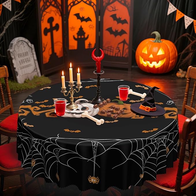 Eikione Round Halloween 70In Tablecloth, Spider Haunted House Decorative Table Cloth, Waterproof and Washable Fabric Table Cover for Party Kitchen Dining Room