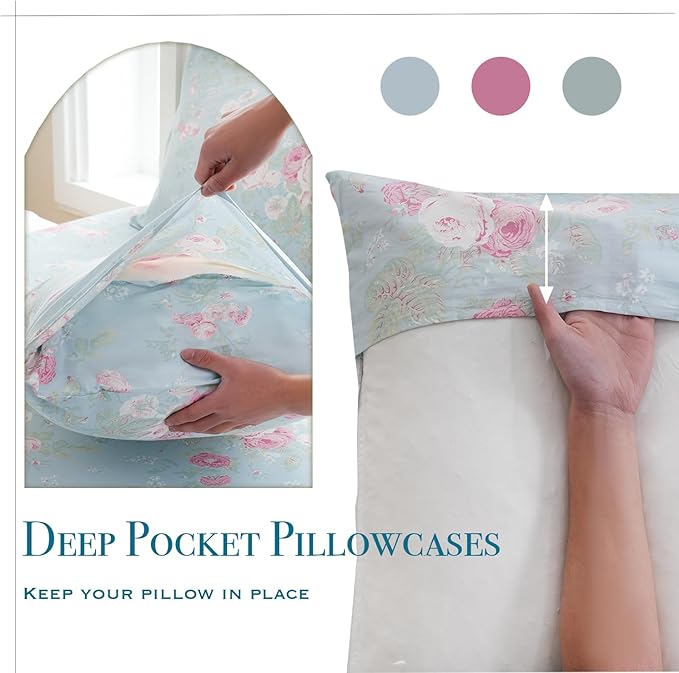 Zusbest Blue Floral Sheets Set Queen Size 100% Cotton Pink Flowers Bed Sheet Shabby Vintage Chic Bedding Romantic Pastoral Style Original Design Soft Luxury Deep Pocket Fitted Sheet 17.5'', 4 Pcs