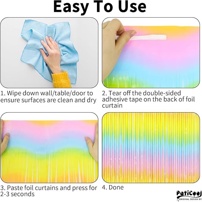 Thicken Pastel Rainbow Streamers 4 Pack 3.2 x 8.2 FT, Pastel Birthday Decrorations Tinsel Backdrop Curtains, Foil Fringe Photo Backdrop for Baby Shower, Easter, Spring Party Decorations