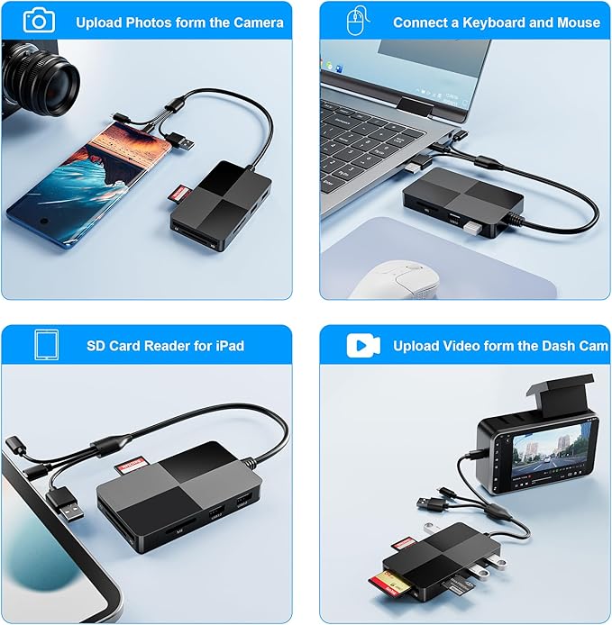 Memory Stick Pro Duo Adapter Reader - 8 in 1 XD/MS/TF/CF/SD Card Reader for iPhone/PC/Android/Lightning Device, Multi Memory Card Reader with 3 USB 2.0 Ports, USB C OTG Adapter XD Picture Card