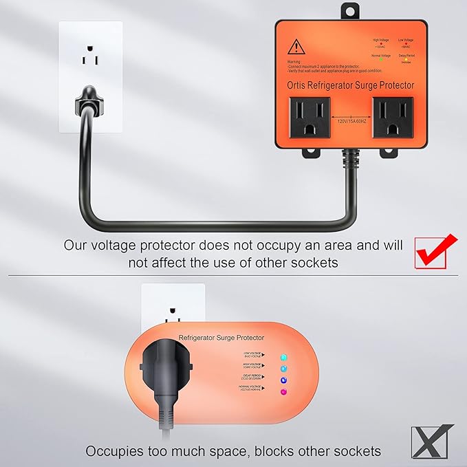 Refrigerator Surge Protector, Ortis Double Outlet Voltage Protector for Home Appliances with Time Delay, 5ft Power Cord, Protects Against Brownout, Spike, Instant Surge All Voltage Abnormalities