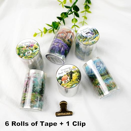 MiyouLuna 6 Rolls Scenic Landscape PET Tape, Seamless Countryside and Mountain Views Decorative Scrapbook Supplies for Journaling Planners and Creative Crafting