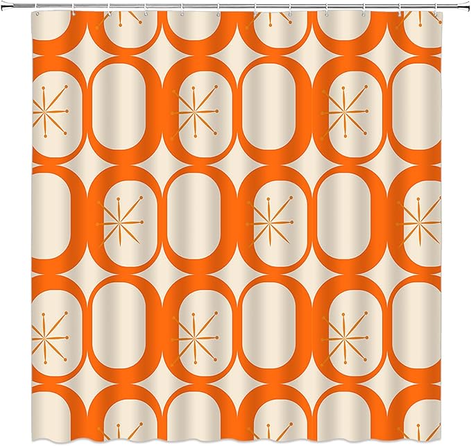Mid Century Modern Extra Long Shower Curtain Abstract Atomic Geometric Round Squares Retro 50s Orange Fabic with Hooks for Bathroom Decor,70x84 Inch
