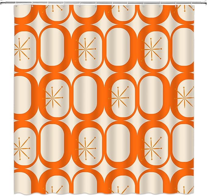 Mid Century Modern Extra Long Shower Curtain Abstract Atomic Geometric Round Squares Retro 50s Orange Fabic with Hooks for Bathroom Decor,70x75 Inch