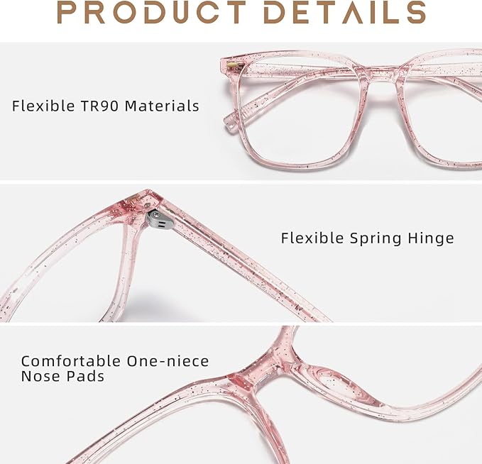 MACJERO Oversized Square Blue Light Blocking Glasses for Women Men, Anti-Fatigue Computer Monitor Gaming Glasses Reduce Eye Strain(Pearl Pink)