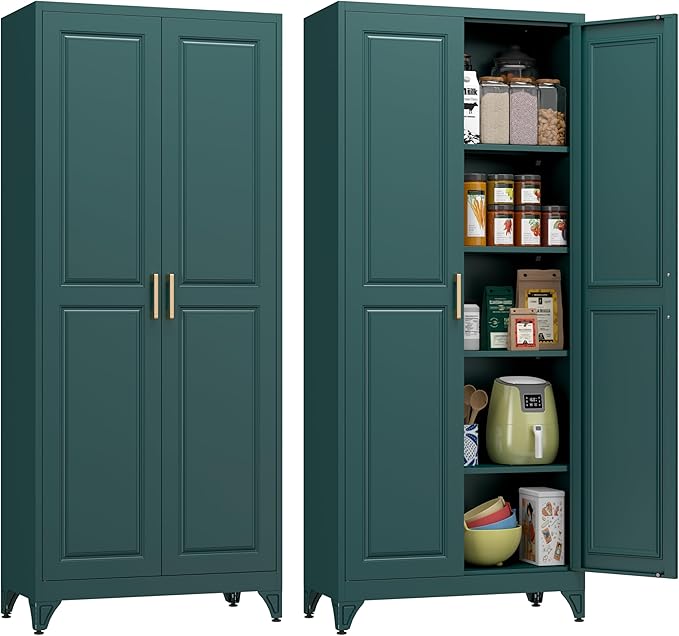 Metal Storage Cabinet,75" Tall Kitchen Pantry Storage Cabinet with Doors and Adjustable Shelves, Green Metal Pantry Cabinets, Large Cupboard for Kitchen, Dining Living Room, Bathroom, Office