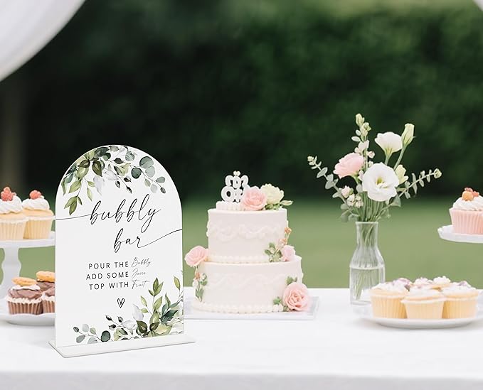 Wedding Signs for Reception, Green Leaves Bubbly Bar Sign, Wedding Reception Signage, Bridal Shower Table Decorations with Base, Supplies for Proposal, Bridal Shower Events and Ceremony, 04