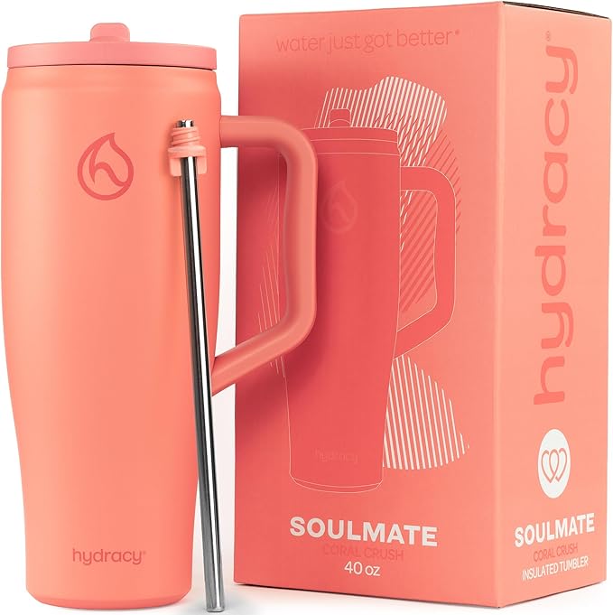 Hydracy 40oz Tumbler with Flip Straw Stainless Steel Insulated Water Bottle with Handle, Reusable Leakproof Rotatable Lid for Left or Right Hand Use, Cupholder Friendly Rubber Base - Coral Crush