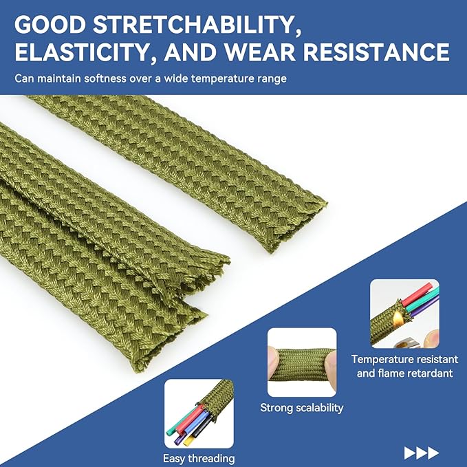 YOUBO Polyamide Braided Sleeving, 33ft Expandable Wire Loom Abrasion Resistant Split Cable Sleeve for Automotive Harness, Computer Case & Cable Management (Army Green, 35mm（1-3/8"）)
