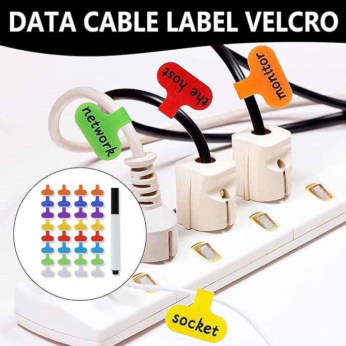 32 Pcs Cord Labels for Electronics with Pen, Write-On Cable Labels Tags with Self-Adhesive Hook and Loop, Multi-Color Wire Markers for Computer Cable Management and Identification 8 Colors