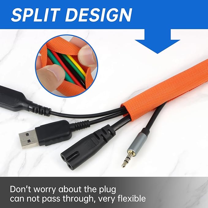 YOUBO Split Braided Cable Sleeve，Flexible Wire Loom Tubing, Automotive Cord Protector Pet Proof, Cable Management for Computer TV Electric Wires Harness 16ft (Orange, 30mm（1-3/16")