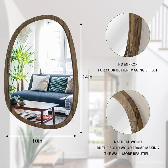 Asymmetrical Oval Mirror for Wall Irregular Wood Frame Modern Mirror Unique Decorative Wall Mirror Vanity Bathroom Living Room Bedroom Entryway Hallway Artistic Mirror Small 14"x10"