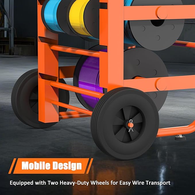 Tredre Orange Wire Spool Rack with Wheels, Heavy Duty Cable Holder with 11 Rods – Mobile Multi-Spool Wire Rack Dispenser with Wheels and Storage Box for Efficient Workplace Cable Management