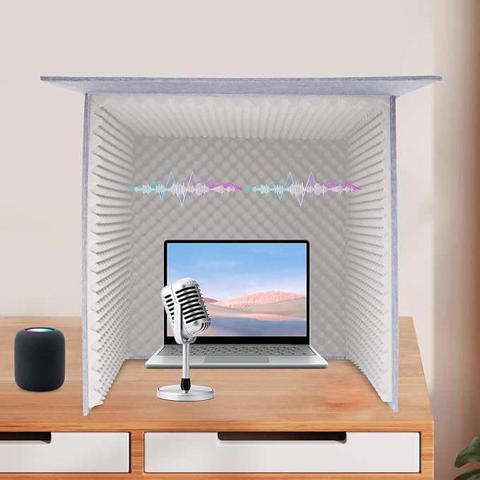 Desktop Soundproof Cover, Isolation Booth, Vocal Sound Absorbing Shield, Portable Vocal Recording Booth, Sound Proof Foam Room, Microphone Isolation Booth Cube, for Office, Home Studio (Gray)