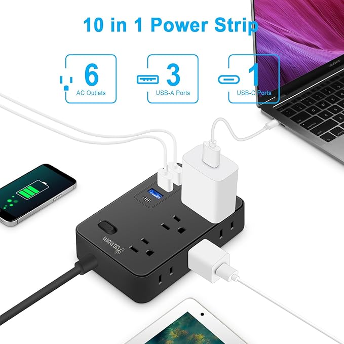 20FT Extension Cord with Multiple Outlets, Asamoom 20 ft Surge Protector Power Strip with 6 Outlets with 4 USB Ports(1 USB C)，Flat Plug with Long Cord 1700 Joules Protection for Home Office Black