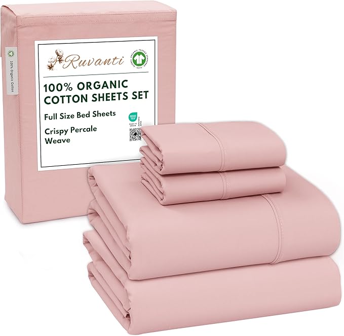 RUVANTI 100% Organic Cotton Sheets Full Size, Percale Weave, GOTS Certified, 4-Piece Set, Deep Pocket 15", Crisp & Breathable, Soft Durable Bedding, Sábanas Algodón Orgánico – Peach Skin