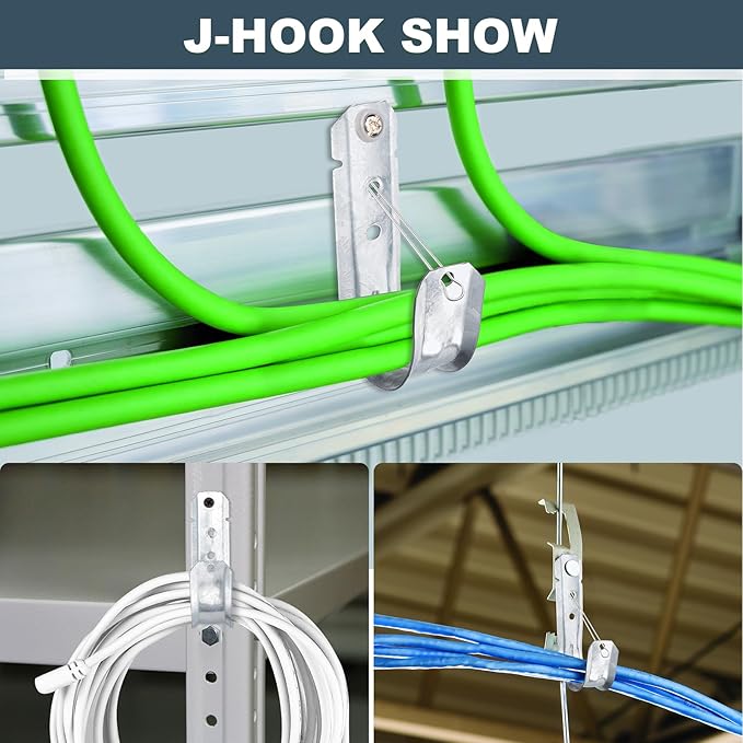 COCODE 25 Pack Wall Mount 2’’ J Hooks with Retainer Clip Galvanized Steel Cable Hangers Heavy Duty Utility Hooks Cable Management Support for Structured Cabling