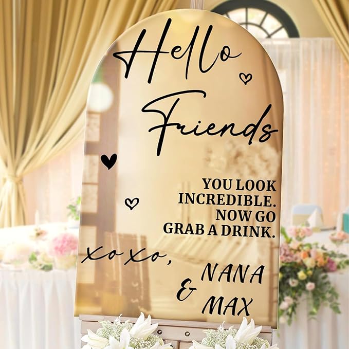 Custom Name Wedding Mirror Decals Welcome to Our Wedding Signs for Glass Mirror DIY Names Vinyl Letters Weddings Stickers Removable Hello Friends Sign for Party Reception Display Marriage Decoration