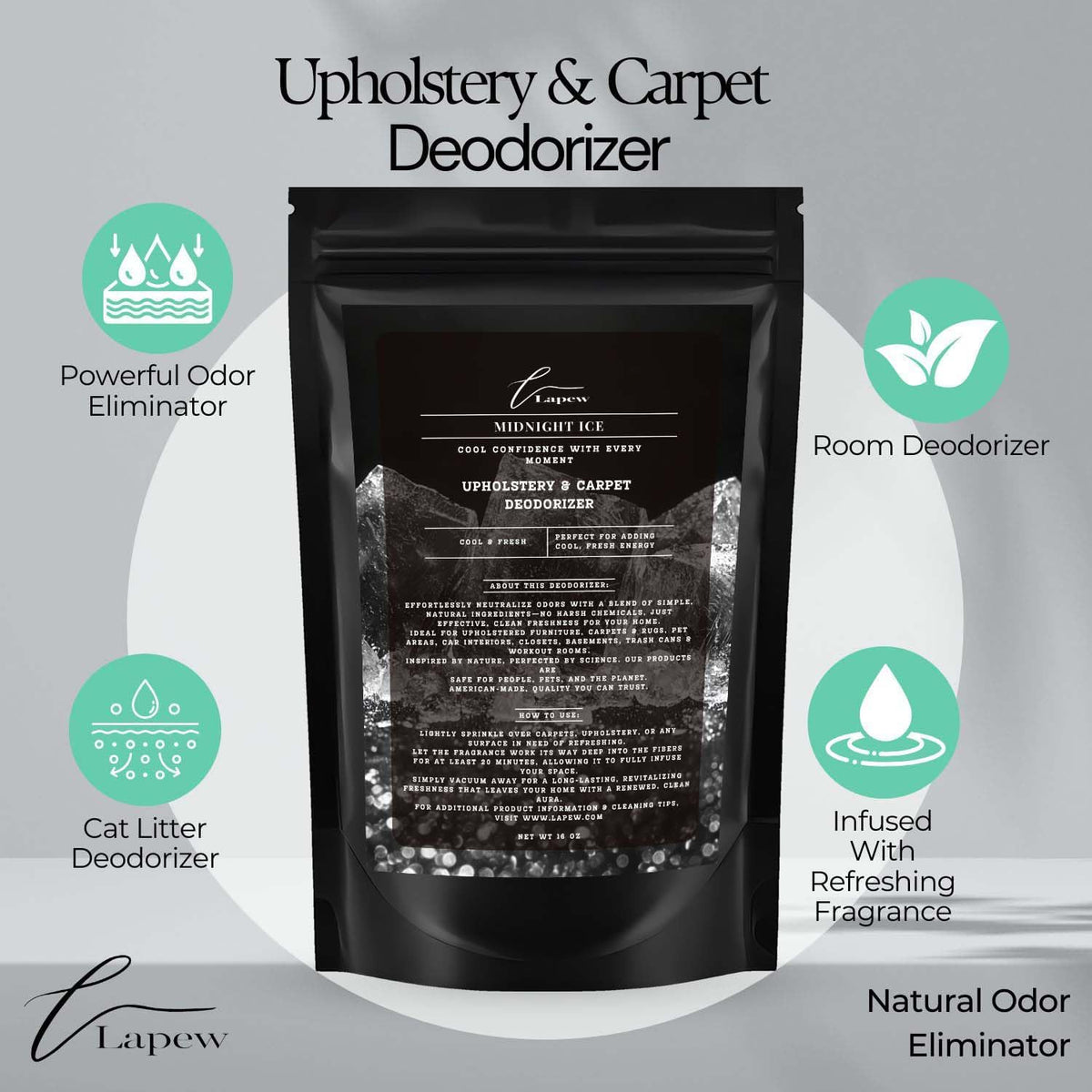 Midnight Ice Carpet Freshener Powder 16 oz | Powerful Odor Eliminator for Home | Upholstery Deodorizer | Carpet Deodorizer | Pet Urine | Cat Litter Box | Black Ice Fragrance.