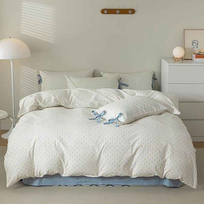 AOJIM Blue Printed Bedding Duvet Cover King Size, 100% Cotton Comforter Cover Set 3pcs for Room Decor, 1 Soft Duvet Cover 104x90'' with Zipper Closure and 2 Pillowcases with Bowknot, Machine Washable