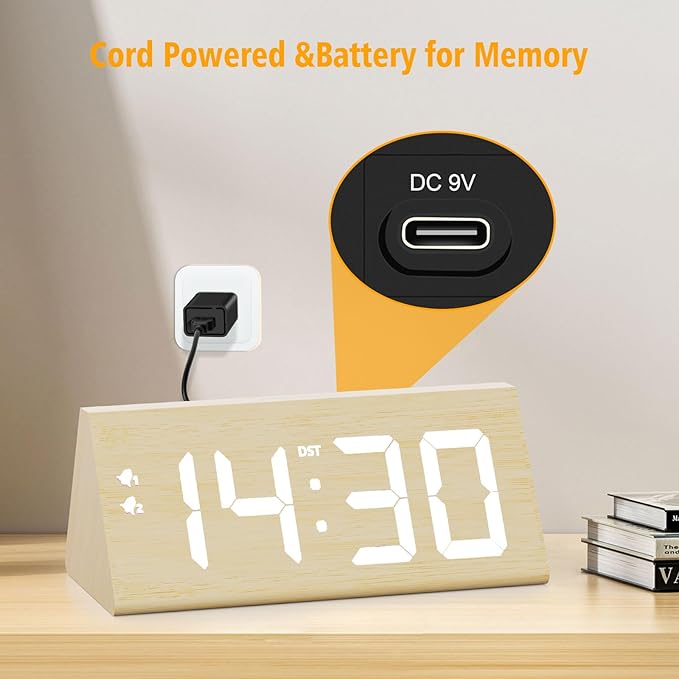 fomobest Wooden Digital Alarm Clock with Dual USB Charging Ports, DST, Dimmable, Snooze, Modern Large Time Display LED Clock for Kids Bedrooms, Living Room, Desk, Table, Bedside, Nightstand (Bamboo)