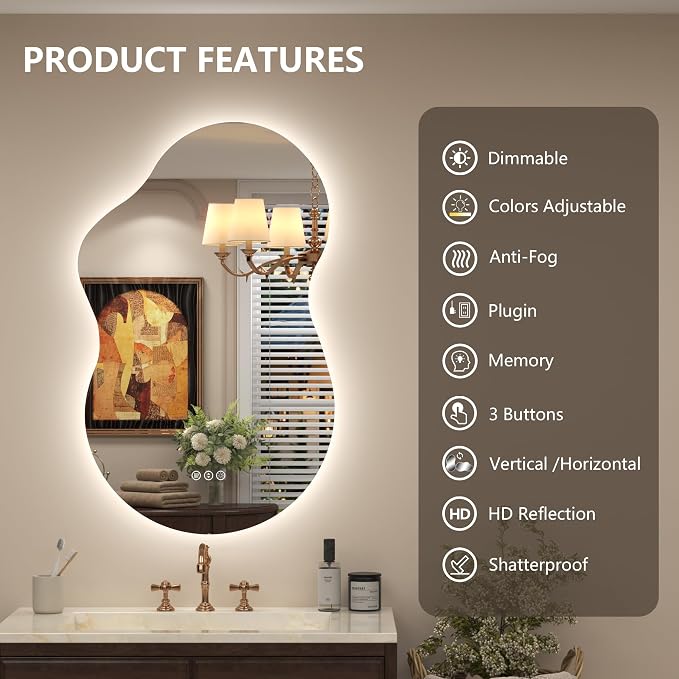 20x36 Inch Asymmetrical Backlit Bathroom Mirror with Lights, Irregular Cloud Led Lighted Vanity Mirror, Fogless, Dimmable, Memory, 3 Colors, Shatterproof (Horizontal/Vertical)