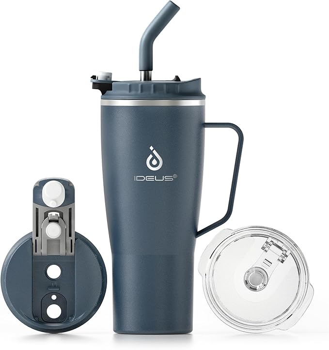 Ideus 32 oz Tumbler with Handle and Straw, Vacuum Insulated Stainless Steel Travel Mug, 100% Leakproof, Cup Holder Friendly, Navy Blue