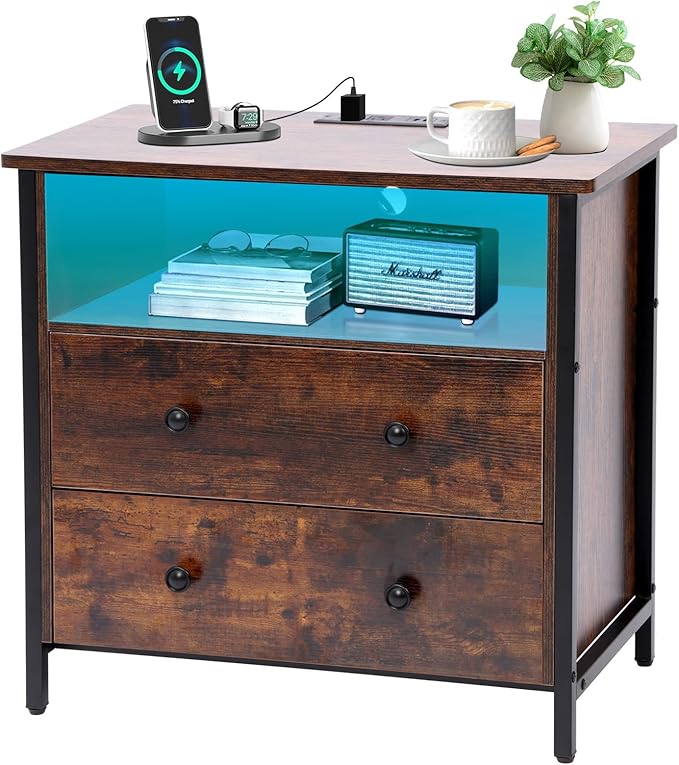 27 Inch Wide Night Stand, Large Wood Night Stand with 2 Drawers, LED Nightstand with Charging Station and Adjustable Drawer, Bedside Table for Living Room/Bedroom/Study/Office, Retro.