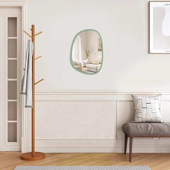 Green Asymmetrical Mirror Irregular Oval Wall Mirror Wood Frame Unique Shape Modern Wall Mounted Vanity Artistic Mirror for Living Room Bedroom Bathroom Entryway Decorative 14"x10"