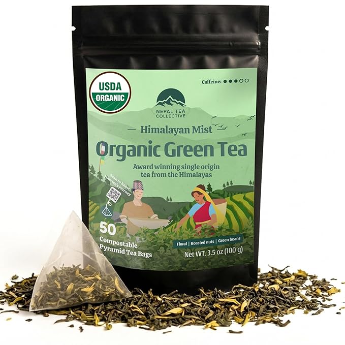 NEPAL TEA Organic Green Tea Bags from the Himalayas - 50 Pyramid Tea Bags, Single Origin from a Family Farm - Green Tea Bags with Loose Leaf Tea Inside (Himalayan Mist)