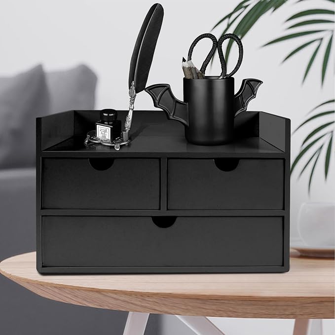 Charmewooden Desk Organizer with Drawers Countertop Drawer Organizer Drawers for Desk Top Home Office Workspace Bathroom Toiletries Supplies (black with shelf)