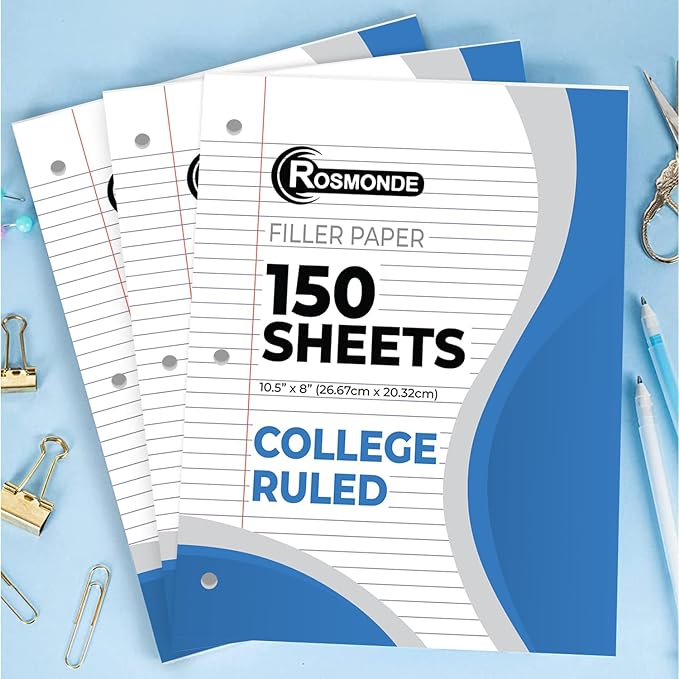 Rosmonde Loose Leaf Paper Bulk, 6750 Sheets, 45 Pack, College Ruled Sheets, 8 x 10.5", 150 Sheets/Pack, 3 Hole Punch, Bulk Notebook Paper, Filler Sheets, Fits Standard Binders, Fights Ink Bleed, White
