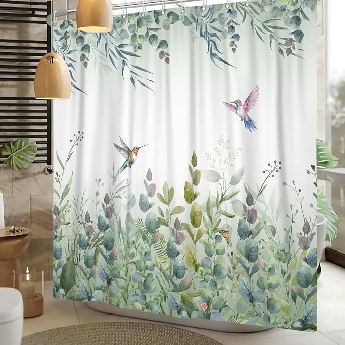 Sage Green Shower Curtain Spring Bird Shower Curtain for Bathroom Plant Eucalyptus Hummingbird Shower Curtains Summer Botanical Leaves Extra Long 72x72 in with 12 Hooks