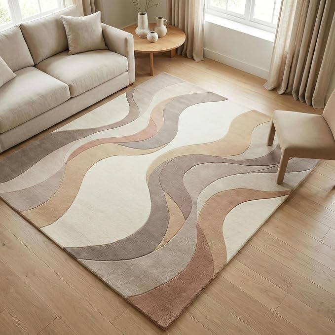 Geometric Multicolor Hand Tufted Wool Area Rug Modern Style Curve Pattern Warm Backing Floor Rug for Bedrooms Lounge Entryways & Gallary 5x8 Feet
