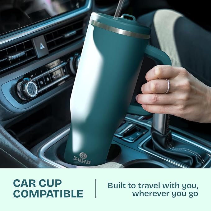 34HD 40 oz Stainless Steel Tumbler - Leakproof Insulated Water Bottle with Handle, Magnetic Lid and Flexible Straw - Iced for 48 Hours – Perfect for Men, Women, Birthday Gift, Green - Teal Mirage