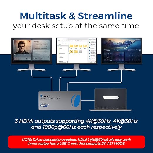 OREI SplitExtend Laptop Docking Station 3 Monitors – USB C Docking Station with 3X HDMI Ports, 2X USB 3.0 Ports, SD Card Reader, 100W PD – Thunderbolt 4 Dock with 4K@30Hz Outputs