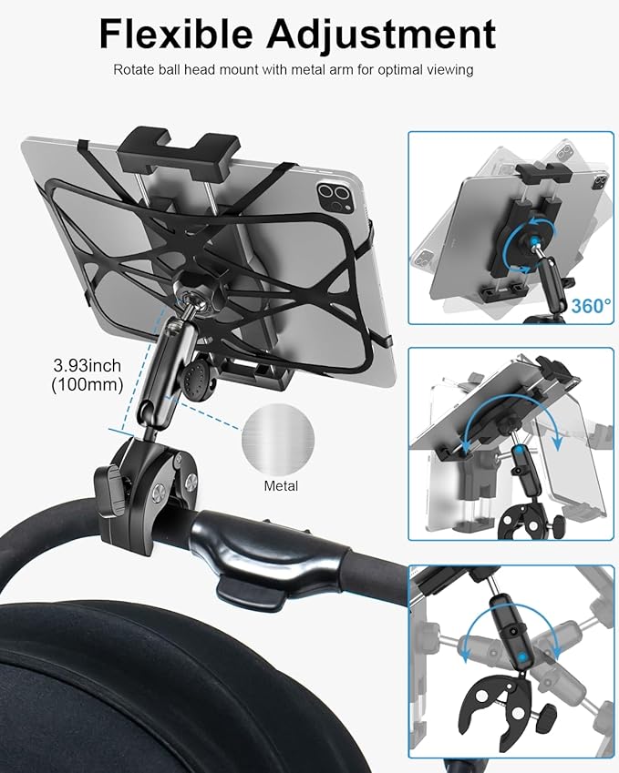 Metal iPad Tablet Mount Holder for Boat Helm, Wheelchair Pole, Bike, Motorcycle, Stroller, Fitness bike, Road Mountain Bicycle, Scooter Handlebar Clamp for 4.7-13" iPad Pro, Air, Mini, iPhone, Galaxy