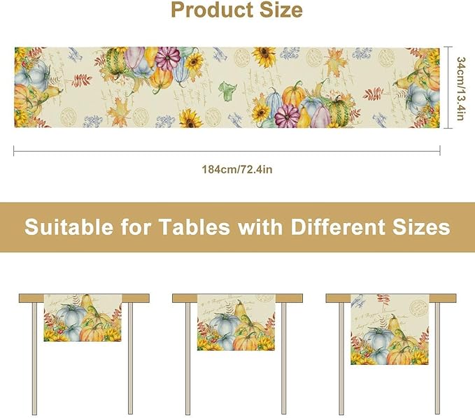 Fall Table Runner Watercolor Pumpkins Sunflowers Maple Leaves Baroque Floral Birds Country Thanksgiving Home Decor for Farmhouse Indoor Outdoor Party Holiday Dining Kitchen Restaurant Cafe W13xL120in